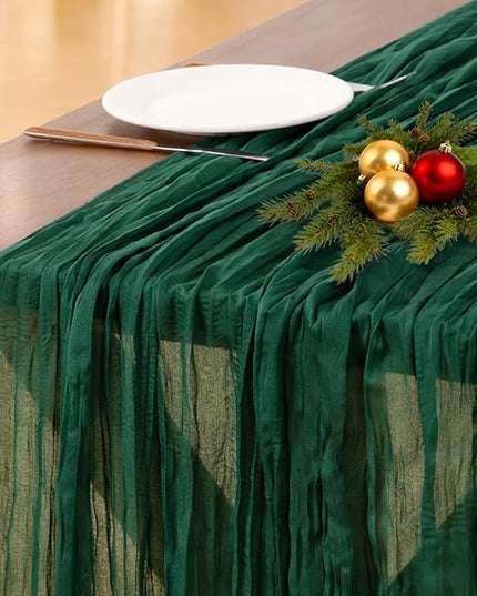 Socomi Emerald Green Cheesecloth Table Runner Christmas Boho Rustic Gauze 120 inch 10FT Cheese Cloth Runner for Wedding Party Baby Shower Birthday Home Decor Holiday Decorations