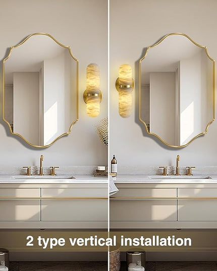 Alabaster Wall Sconces, 13in Brass Alabaster Sconce, Modern Spanish Natural Marble Sconces Lights, Gold Sconces for Bathroom Vanity Bedroom Living Room Staircases Hallway