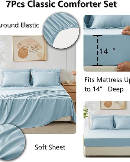 CozyLux King Size Comforter Set Light Blue - 7 Pieces Bed in a Bag King, Luxury Soft Bed Set for All Seasons, Bedding Set with Down Alternative Comforter, Sheets, Pillowcases & Shams