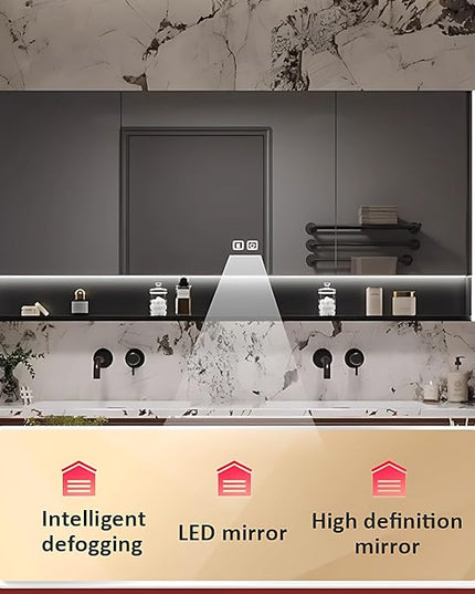 80IN Floating Bathroom Vanity - Bathroom Vanities with Sink, 3 Drawer & Includes LED Smart Mirror | 2 Layer Design, Black Vertical Stripe Bathroom Cabinets