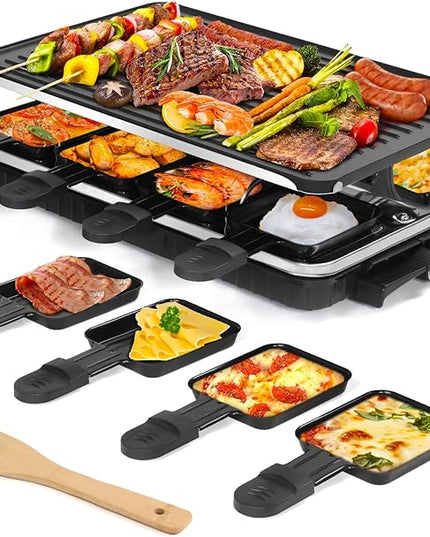 Raclette Table Grill, Indoor Grill Korean BBQ Grill Electric Griddle, 2 in 1 Electric Griddle Nonstick with 8 Raclette Cheese Pans Adjustable Temperature Control 1300W Ideal for Family and Party Fun