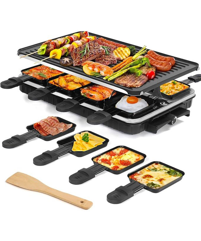Raclette Table Grill, Indoor Grill Korean BBQ Grill Electric Griddle, 2 in 1 Electric Griddle Nonstick with 8 Raclette Cheese Pans Adjustable Temperature Control 1300W Ideal for Family and Party Fun