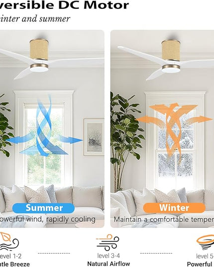 52" Ceiling Fan with Light - Low Profile Flush Mount Ceiling Fan, 6-Speed Remote Control, Solid Wood, Quiet Reversible DC Motor, Boho Style, for Bedroom, Living Room, Porch White/Gold