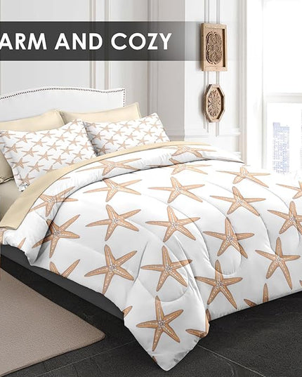 Comforter Set Full Size, Boho Sea Shells 7 Pcs Bedding for Kids and Adults, Nautical Beach Summer Bed Sheet Sets with Fitted Sheet 2 Pillowcases & 2 Shams for Bedroom Bed Decor