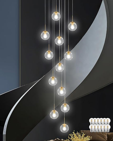 KoKo&Yukina 12-Light Gold Mid Century Modern Chandelier for Living Room Staircase Chandelier for Entryway Clear Globe Glass Chandelier High Ceiling Chandeliers Foyer Entryway (Bulb & Remote Incl.)