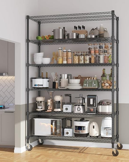 Himimi 82" H Storage Shelves 6 Tier Metal Shelving Adjustable Wire Shelf with Wheels, Heavy Duty Shelving for Garage Kitchen Pantry Bathroom Laundry,18" D*48" W*82" H, Black
