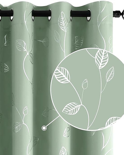 BUHUA Blackout Curtains Pairs 63 Inches Long Room Darkening Curtains with Shinny Silver Leaf Design for Sliding Glass Door 52W×63L Sage Green 1 Pair