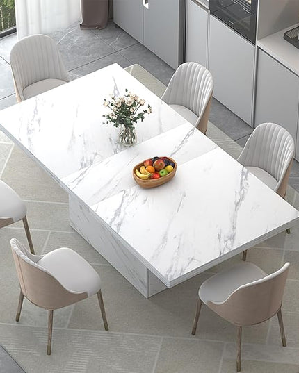 HSH 71” White Faux Marble Dining Table, Rectangle Modern Dinner Kitchen Table for 6-8, Farmhouse Long Kitchen Furniture for Living Room, Industrial Wood Dining Room Table with Sturdy Base