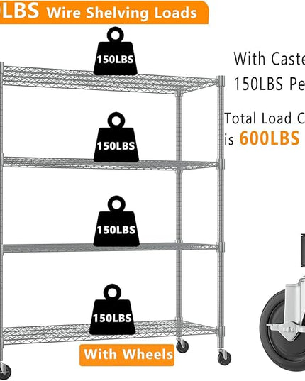Himimi Storage Shelves 60"W Wire Shelving with Wheels 2600LBS Heavy Duty Metal Shelves for Storage, 4-Tier Adjustable Wire Rack Shelving Garage Shelving Kitchen Storage Shelves 24"Dx60"Wx72"H, Silver