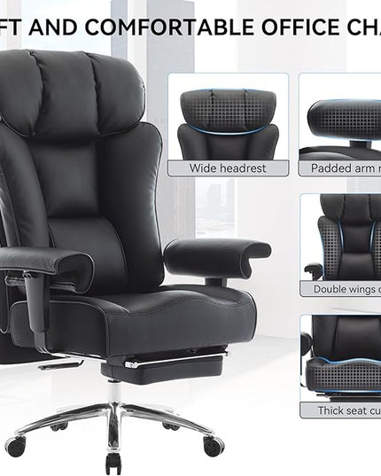 Efomao Ergonomic Office Chair 450LBS with Foot Rest, High Back PU Leather Executive Office Chair with Adjustable Armrests, Lumbar Support for Home or Work, Computer Chair, Black