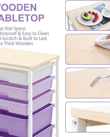 Utility Cart with 5 Drawers,Storage Drawer Cart with Wooden Tabletop and Lockable Wheels,Craft Storage Trolley Cart,5-Tier Rolling Utility Cart on Wheels,Purple