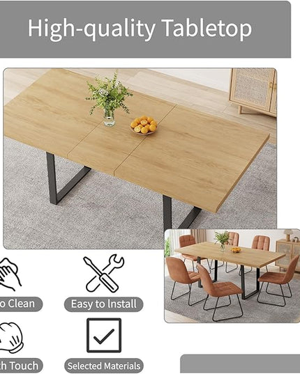 ZckyCine 7-Piece Modern Dining Set, 67" Expandable Oak Dining Table with 6 Brown Faux Leather Upholstered Chairs, Extendable Kitchen Table Set for 6, Scratch-Resistant, Easy Assembly