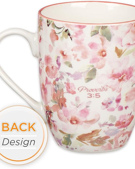 Christian Art Gifts Encouraging Ceramic Coffee & Tea Bible Verse Mug for Women: Trust in the Lord Inspirational Scripture Proverb, Microwave & Dishwasher Safe, White & Pink Watercolor Floral, 12 oz.