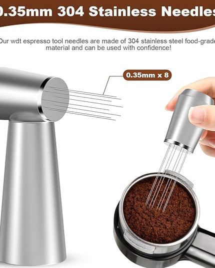 WDT Espresso Distribution Tool, 0.35mm 8 Needle Coffee Stirrer with 8 Extra Needles, 304 Stainless Steel, Aluminum Alloy Handle with Stand, Barista Espresso Whisk Tool (Metal Silver)