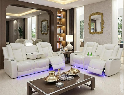 Power Recliner Sofa and Loveseat Set, Leather Reclining Sofa Sectional Couches with Drop-Down Table, Living Room Furniture, Reclining Sofa with Cup Holders for House(Creamy White)
