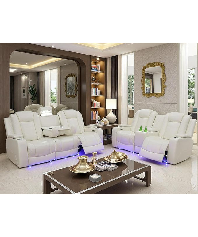 Power Recliner Sofa and Loveseat Set, Leather Reclining Sofa Sectional Couches with Drop-Down Table, Living Room Furniture, Reclining Sofa with Cup Holders for House(Creamy White)