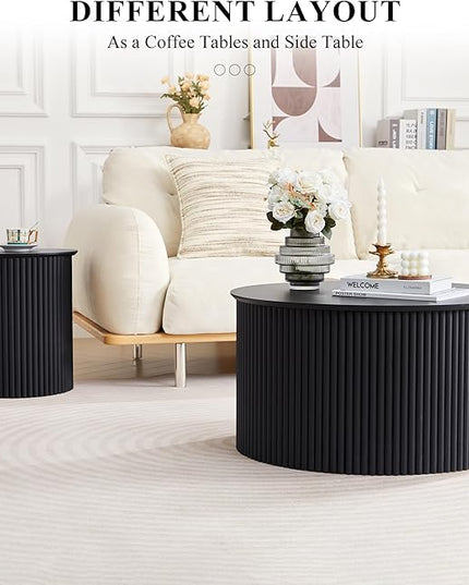 Fluted Round Nesting Coffee Table Set of 2, Mid Century Modern Wood Coffee Table and End Table Set, Minimalist Center Tables Circle Side Table for Living Room, Office(Black