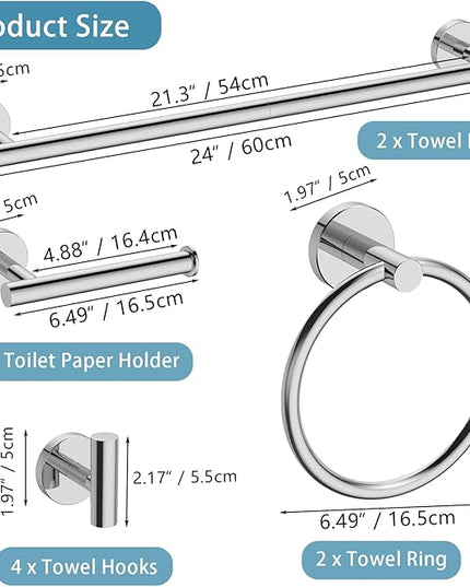 Newfun 10-Pieces Bathroom Hardware Set, Includes 24 Inch Towel Racks for Bathroom Wall Mounted, Toilet Paper Holder, Towel Hooks for Bathrooms, Towel Rings for Bathroom Wall (Polished Chrome)