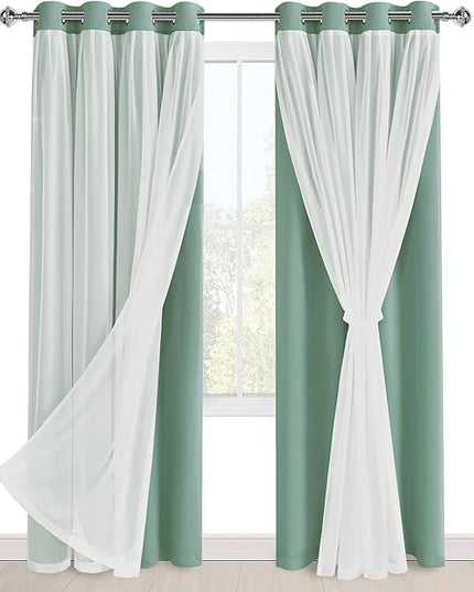 Hiasan Light Sage Green Blackout Curtains for Bedroom,Thermal Insulated Mix & Match Double Layer Room Darkening Curtains for Living Room,Nursery,2 Window Panels Sewn with Tiebacks,52W X 84L