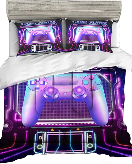 Sunnycitron Purple Gamepad Gamer Comforter Set for Boys Gaming Bedding Set Teens Game Room Decor Full (1 Comforter + 2 Pillowcase)