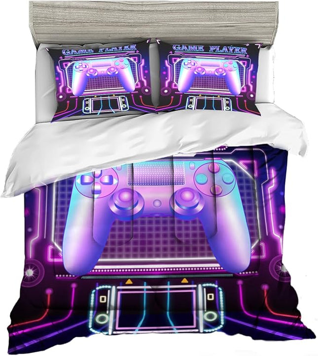 Sunnycitron Purple Gamepad Gamer Comforter Set for Boys Gaming Bedding Set Teens Game Room Decor Full (1 Comforter + 2 Pillowcase)