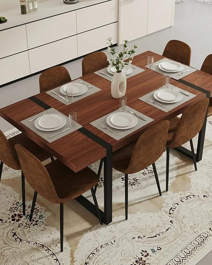 FURNITO Walnut Dining Table Set for 8, 71" Large Kitchen & Dining Room Table with 8 Suede Upholstered Chairs, Modern Rectangular Dining Room Table and Chairs Set for Home, Kitchen, or Living Room