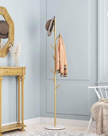 Gold Coat Racks, Metal Coat Rack Freestanding with Hooks, Entryway Coat Rack Stand, Coat Racks with Marble Base, Coat Tree for Hanging Clothes, Hats, Bags