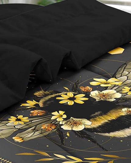 Comforter Set Twin Size, Bee Yellow Sweet 5 Pcs Bedding for Kids and Adults, Vintage Sunflower Black Bed Sheet Sets with Fitted Sheet Pillowcase & Sham for Bedroom Bed Decor