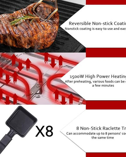 CUSIMAX Raclette Grill Electric Grill Table Portable 2 in 1 Korean BBQ Grill Indoor & Cheese Raclette, Reversible Non-stick plate, Crepe Maker with Adjustable temperature control and 8 Paddles