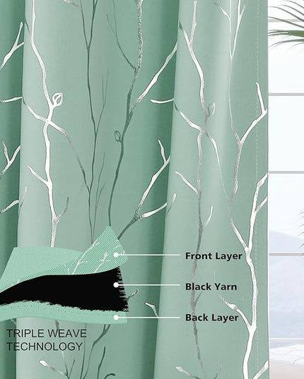 BUHUA Black Out Curtains 84 Inch Long 2 Panels, Soundproof Curtains with Elegant Silver Tree Branches Print, Heat Blocking Curtains for Livingroom, 38W x 84L, Aqua