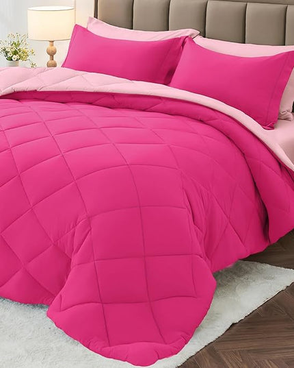 MUXHOMO 7 Pieces King Comforter Set, Reversible Bed in a Bag King Size, All Season Bedding Set with Comforter, Flat Sheet, Fitted Sheet, Pillowcases & Shams, Hot Pink & Baby Pink