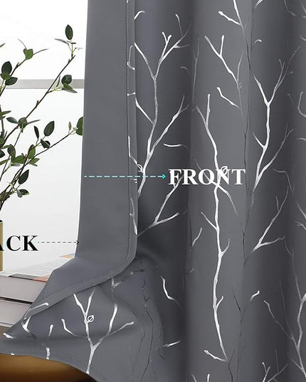 BUHUA Black Out Curtains 108 Inch Long 2 Panels, Soundproof Curtains with Elegant Silver Tree Branches Print, Heat Blocking Curtains for Livingroom, 52W x 108L, Light Grey