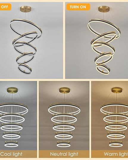 5-Rings Modern LED Chandelier Black Gold Dimmable Large High Ceiling Chandeliers Foyer, Remote Pendant Lighting for Foyer Entryway Dining Room Living Room Staircase(10-Ring Lighting, D29.5)