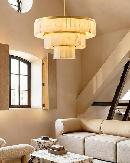 D34.3 Round Alabaster Chandelier, 3-Tier Brass Marble High Ceiling Chandeliers, Modern Dining Room Chandeliers Living Room Light for Entryways, Foyer, Stair, Kitchen Gold(Include Bulbs)