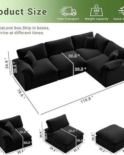 Cloud Modular Sectional Sofa,189.4" Down Filled Sofa 4 Seat with Chaise,Minimalist Sofa Cover Washable and Replaceable Couches for Living Room,Sectional Sofa Deep Seat Black
