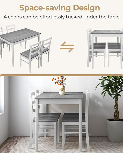 Tangkula Dining Table Set for 4, Farmhouse Solid Wood Dinette Set w/Rubber Wood Legs, Compact Wooden Dining Table and Chairs Set for Kitchen, Dining Room (Grey+White)