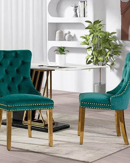 SoarFlash Velvet Dining Chair Set of 2, Upholstered Tufted Dining Room Chair with Nailhead Trim and Solid Gold Plated Leg for Kitchen (Green)