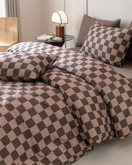 CLOTHKNOW Brown Plaid Comforter Sets Twin/Twin XL 3Pcs Grid Bedding Comforter Sets Dark Brown Checker Comforter Checkered Bedding Sets