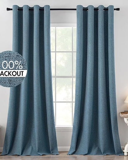 MIULEE Linen Texture Curtains for Bedroom Solid Blackout Thermal Insulated Dusty Blue Curtains Grommet Room Darkening Draperies for Living Room Nursery 52x120 Inch (2 Panels)