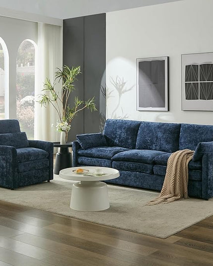 Tbfit Living Room Furniture Set, Standard Sofa & Accent Chair, Modern Comfy Cloud Sofa Set, Spring Seat Cushions, Chenille Fabric, Blue