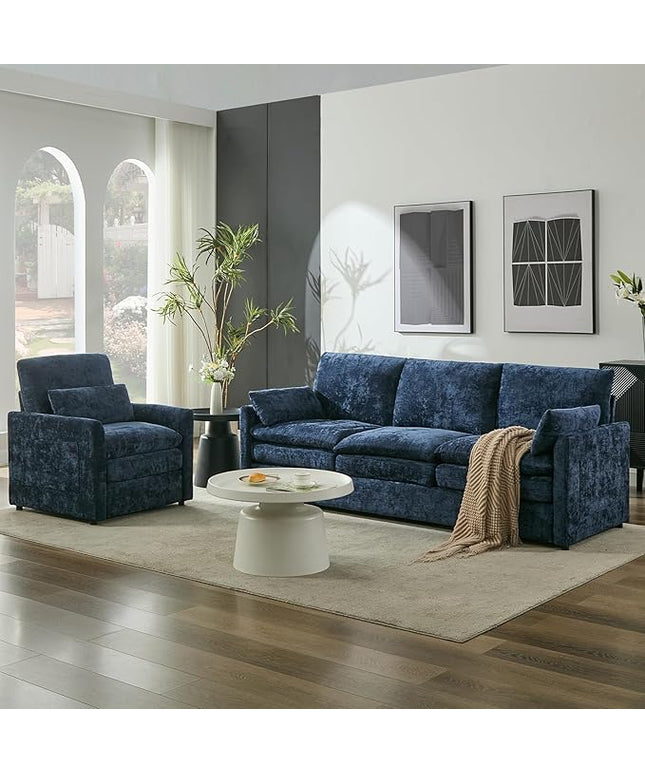 Tbfit Living Room Furniture Set, Standard Sofa & Accent Chair, Modern Comfy Cloud Sofa Set, Spring Seat Cushions, Chenille Fabric, Blue