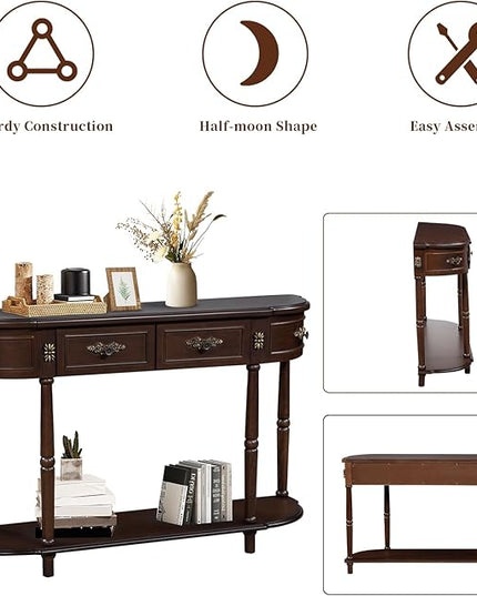 HMFULE Retro Curved Console Table, 52" Half Moon Console Table Sofa Table Entryway Table with 2 Drawers 1 Open Shelf Solid Pine Legs for Living Room,Entryway,Hallway,Espresso