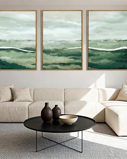 ANHUIB Green Wall Art 16x24 Inch Large Canvas Wall Art Abstract Watercolor Wall Decor Misty Landscape Art Prints Framed Neutral Paintings Set of 3 for Living Room Bedroom Ofice