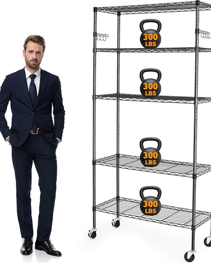 5 Tier Storage Shelves with Wheels, 1750lbs Capacity Heavy Duty Shelving Units, 14x36x75inch Adjustable Metal Shelf Wire Shelving Rack for Garage, Kitchen, Office, Black