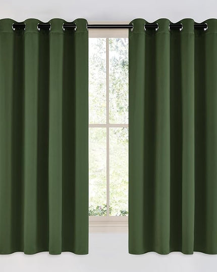 NICETOWN Dark Green Curtains for Bedroom, Grommet Blackout Window Treatments Faux Silk Room Darkening Thermal Window Treatments for Kids Room, 2 Panels, W52 x L63