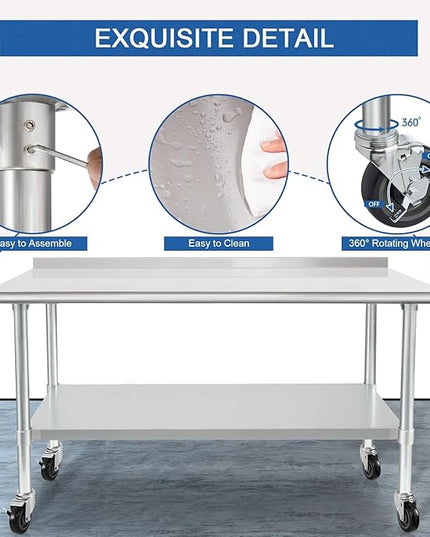 HARDURA Stainless Steel Table 30 x 60 Inches with Wheels Casters NSF Heavy Duty Commercial Prep Table with 2” Backsplash and Adjustable Undershelf for Restaurant Kitchen Home and Hotel