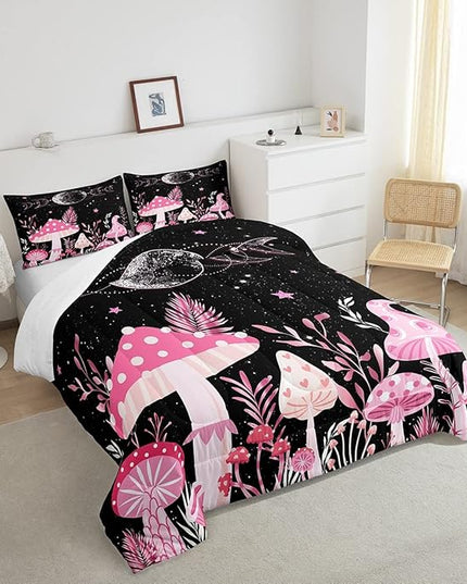 Mushroom Kids Comforter Set Full Size,Sun Moon Starry Sky Planet Romantic Bedding Set,Boys Girls Adults Room Decor,Plants Leaves Boho Trippy Down Comforter,Pink Dreamy Duvet Insert,2 Pillowcases