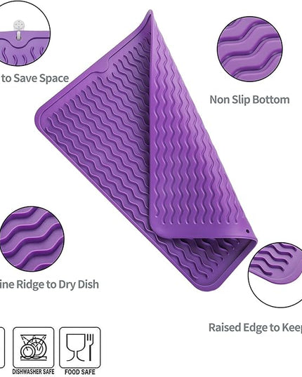 Silicone Dish Drying Mat for Multiple Usage,Easy clean,Eco-friendly,Heat-resistant Silicone Mat for Kitchen Counter or Sink,Refrigerator or drawer liner Purple L 16 inches x 12 inches