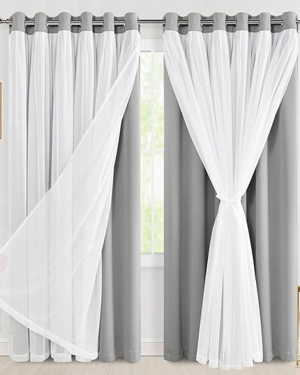Hiasan Silver Grey Blackout Curtains with Sheer 84 Inches Long, Thermal Insulated Double Layer Room Darkening Curtains for Bedroom, Living Room, 2 Window Drape Panels with Tiebacks, 70W X 84L