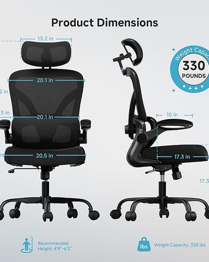 Ergonomic Office Chair with Adjustable Lumbar Support & Headrest, High Back Mesh Chair with Flip-up Armrests for Long Hours, 330 lbs Home Office Desk Chair, Black